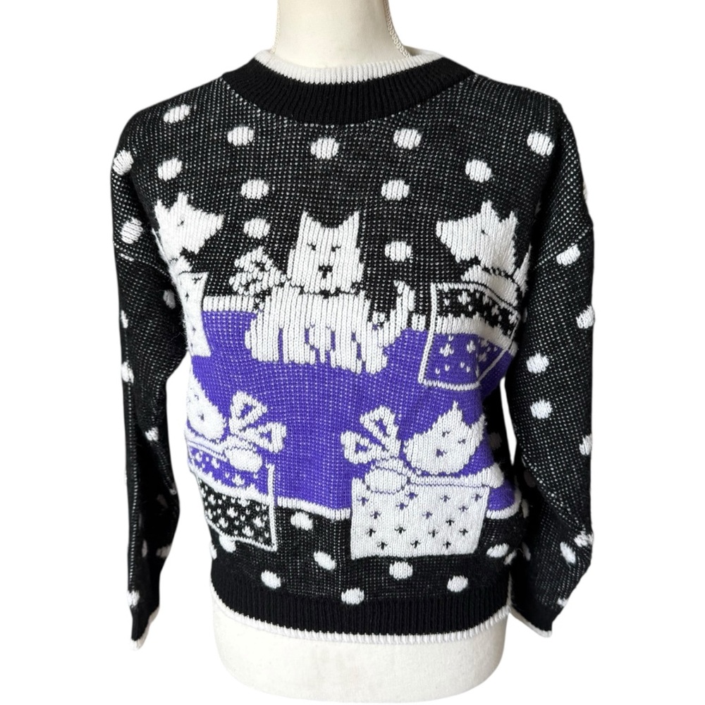 Vtg 90s Black purple White scottie dog gift Pattern Sweater girl sz 14 polka dot